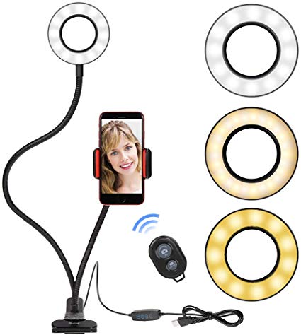 Selfie Ring Light Cellphone Holder - Rovtop Ring Light Stand Live Stream Makeup, 3 Light Modes 10-Level Brightness 360 Rotating for iPhone Android Cell Phone, Black with Remote