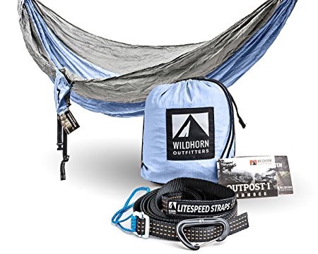 Outpost Camping Hammock With Adjustable LiteSpeed Cinch Buckle Suspension System- Includes 11’ 100% Polyester Tree Straps, Wire Gate Carabiners- Single or Double Size- 100% Parachute Nylon