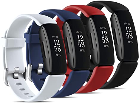 Maledan Compatible with Fitbit Inspire 2 Bands Pack 4 for Men Women, Waterproof Silicone Band Adjustable Sport Strap Accessory for Inspire 2, Small Black/Blue/White/Red