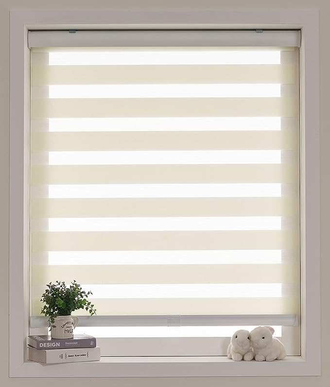 FOIRESOFT Cordless Custom Zebra Roller Shades and Blinds [Cordless Basic, Ivory, W 46 x H 64 inch] Dual Layer Sheer or Privacy Light Control, Day and Night Window Drapes, 24 to 70 inch Wide