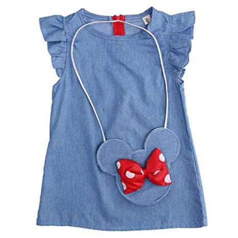 Baby Toddler Girls Ruffles Demin Dress, Solid Color with Cartoon Big Bow Minnie Mouse Shoulder Bag Casual Playwear Outfits