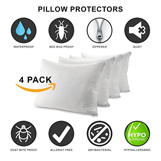 Guardmax - Bedbug Proof/Waterproof Pillow Protector - Zippered Style - Quiet! (Queen - Pack of 4)