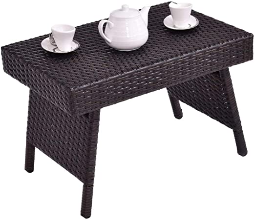 GOFLAME Wicker Table Patio Outdoor Poolside Garden Lawn Bistro Foldable Portable Leisure Standing Coffee Side Table, Espresso Brown