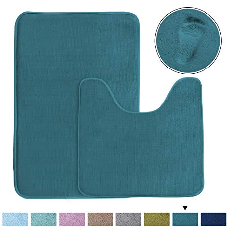 Super Soft Memory Foam Bath Rug Toilet Lid Seat Cover Set and Rectangle Bath Mat Set, Absorbent Kids Bathroom Mat Rugs, Plush Bath Room Carpet (Dark Teal, 20" x 32" and 20" x 20")