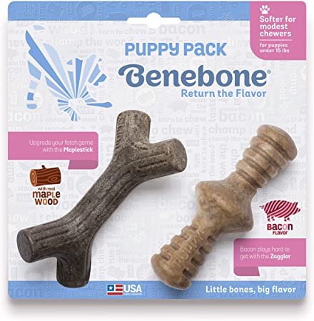 Benebone Puppy 2-Pack Maplestick/Zaggler Dog Chew Toys, Made in USA, Real Bacon Flavor