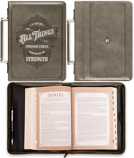 Christian Art Gifts Protective Gray Faux Leather Classic Bible Cover Carry Case for Men: All Things Through Christ - Philippians 4:13 Inspirational Bible Verse with Zipper and Pocket, Large