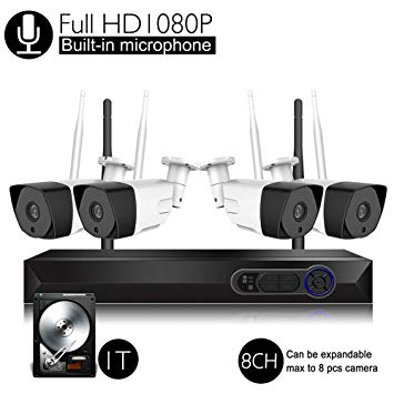 Wireless Security Camera System with Audio, 8CH Expendable 1080P(2.0MP) Video Surveillance Security System with 1TB HDD(WiFi NVR KIT),Built-in Microphone, and 4pcs 1080P Outdoor,P2P, Nightvison