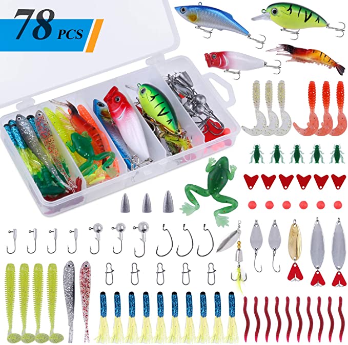 PLUSINNO 78Pcs Freshwater Fishing Lures Baits Tackle Kit, Fishing Accessories with Spoon Lures, Crankbait, Soft Plastic Worms, Spinnerbaits, Jigs, Fishing Hooks, Topwater lures for Bass, Trout, Salmon