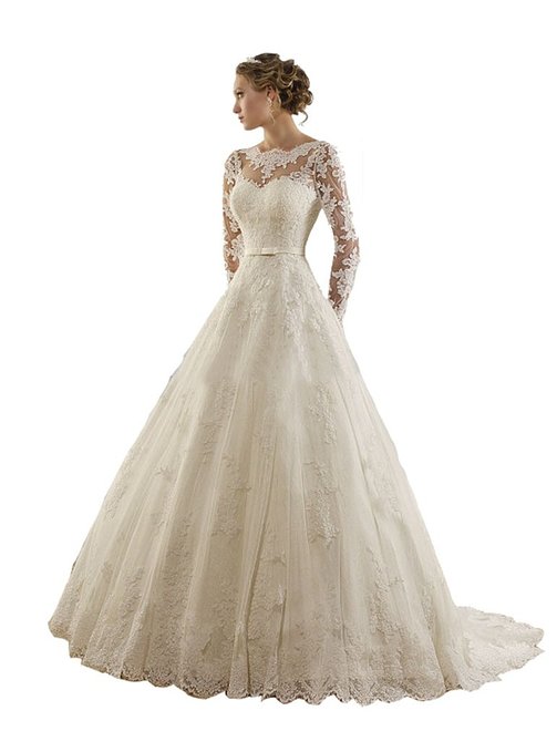 TDHQ Women's Jewel Lace Applique Long Sleeve Chapel Train A Line Wedding Dress White
