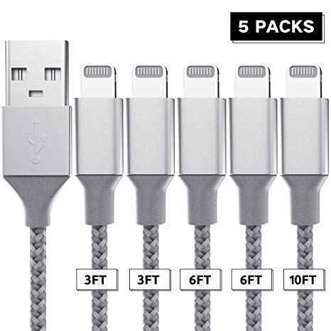 Lightning Cable,iPhone Charger,MFi Certified Lightning Cable, 5 Pack (3ft/6ft/10ft) Nylon Braided Fast Charging Cable Compatible with iPhone X 10/XS Max/XS/XR/8/8 Plus/7/7 Plus/6S Plus/6S/6/5S -Grey