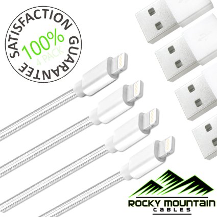 Rocky Mountain Cables TM Braided Lightning Cable For iphone, ipad, ipod, charger USB Cable For iphone 6, 6s, 6Plus, 5s,5c, 5. Fast Charging iphone Cable For All IOS Updates 4 Pack White 3.3 FT