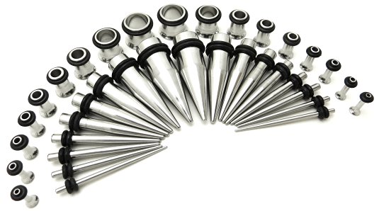 Stainless Steel Ear Stretching Taper and Tunnel Starter Kit - 36 Piece Set 14G to 00G Gauge