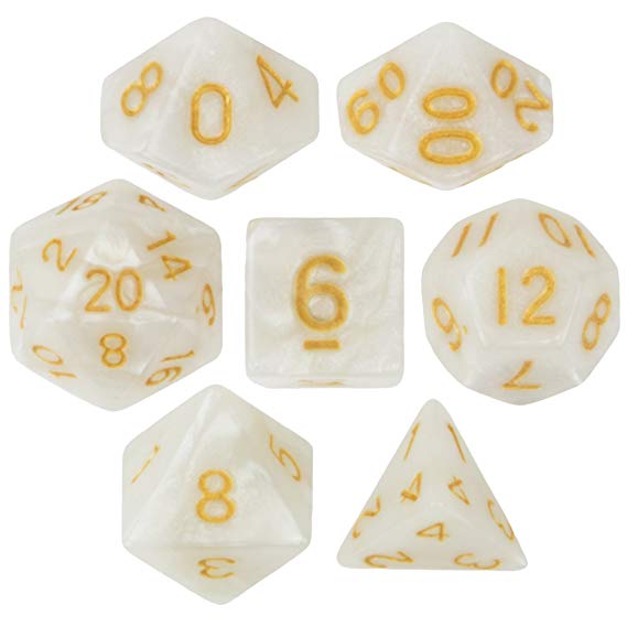 7 Die Polyhedral Dice Set - Forbidden Treasure (White Pearl) with Velvet Pouch By Wiz Dice