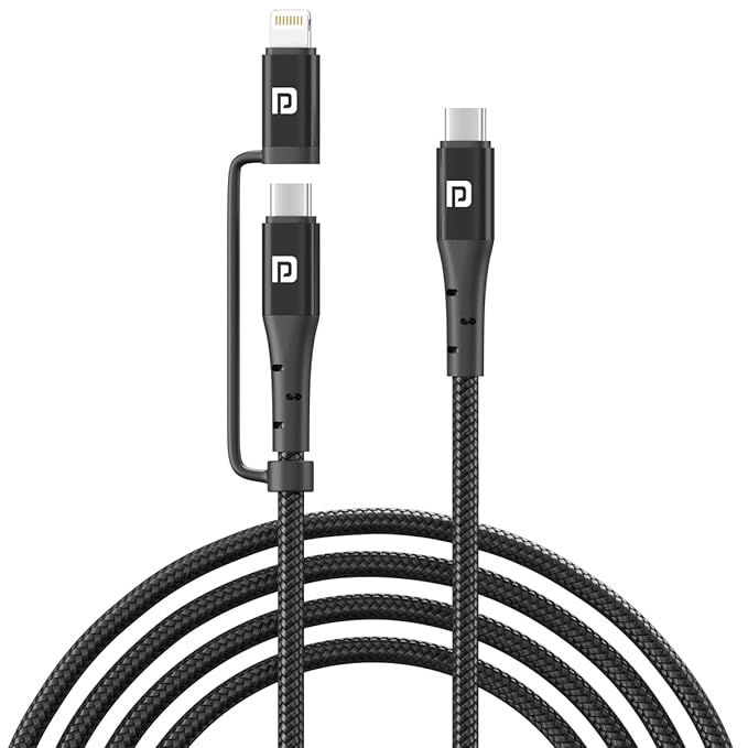 Portronics Konnect J6 Dual Output 60W Cable (Type C to 8 PIN   Type C), Nylon Braided, Fast Data Sync, 1.2M Cable Length(Black)