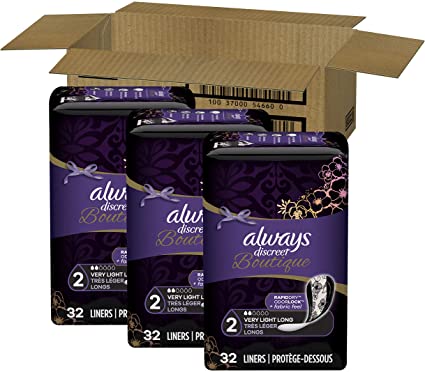 Always Discreet Boutique Incontinence Liners, Very Light Absorbency, 96 Count, Long Length (3 Packs of 32 - 96 Count Total)