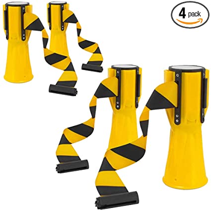 Pyle PCNTP16X4 4-Pc Traffic Cone Emergency Belt - Retractable Traffic Cone Hazard Warning Tape Barrier Belt, High-Visibility w/ Striped Bright Yellow Design, Marine-Grade Waterproof