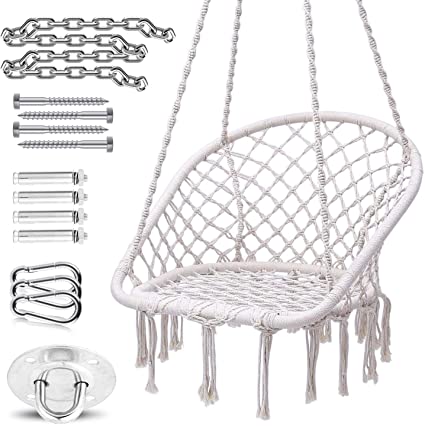 Ohuhu Hammock Chair Macrame Swing, 2020 All New Ergonomic Design Semicircle Shape Hanging Hammock Chair with Durable Hanging Hardware Kit, Max 330 Lbs Capacity, 100% Cotton Rope Indoor Swing Chairs