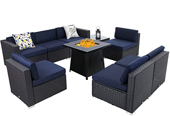 Sophia & William Patio Furniture Sectional Sofa Set with Gas Fire Pit Table 9 Piece Wicker Rattan Outdoor Conversation Sets W/Coffee Table, CSA Approved Propane Fire Pit (Navy Blue-Square Table)