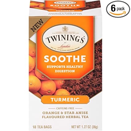 Twinings of London Daily Wellness Tea, Soothe Digestion Supporting Turmeric, Orange & Star Anise, Flavored Herbal Tea, 18 Count (Pack of 6)