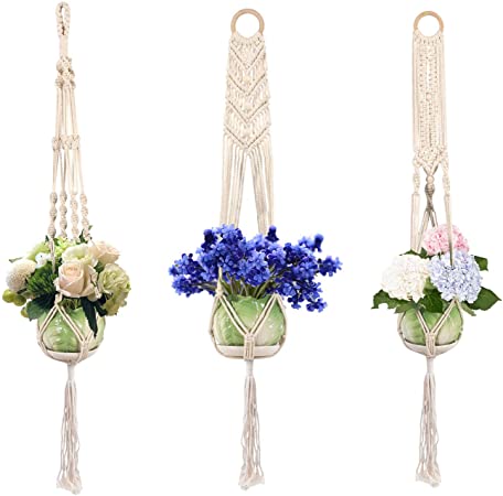 Gaishi Macrame Plant Hanger, 3 Pack in Different Designs Handmade Indoor Outdoor Flower Pot Hanging Cotton Rope for Balcony Ceiling Decorations Home Decor - Ivory White