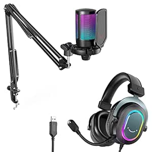 FIFINE Gaming Microphone and USB Streaming Headset Kit, PC Podcast Condenser Mic with Boom Arm, Pop Filter, Mute, Wired Headphones with 7.1 Surround Sound for Streaming, Twitch, Online Chat (A6T H6)