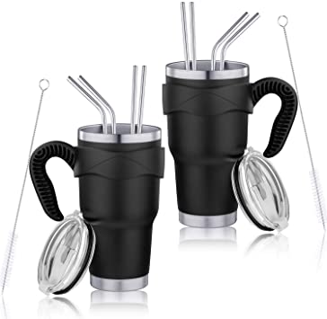 30oz Stainless Steel Tumbler, Vacuum Insulated Tumbler with Lid, Straw, Handle, Travel Mug Works Great for Ice Drink, Hot Beverage (Black, 2 Pack)
