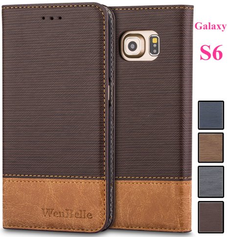 Galaxy S6 Case,WenBelle Blazers Series,Stand Feature,Double Layer Shock Absorbing Premium Soft PU Color matching Leather Wallet Cover Flip Cases For Samsung Galaxy S6 Classic Brown