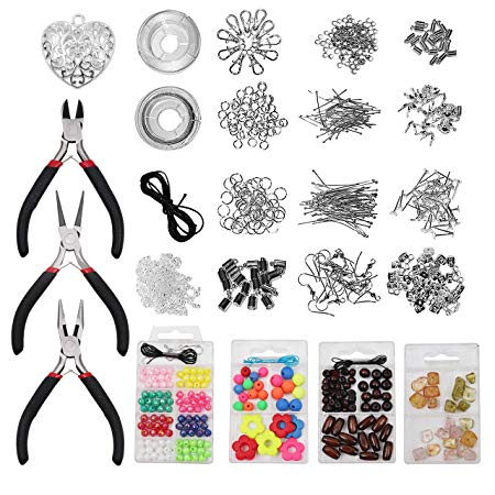 Silver Plated Jewelry Making Kit ( 800 pcs ) - Jewellery Repair Kit and Starter Tools Bulk Set Including 3x Pliers, Silver Findings, Metal wires, Ear Hooks, Heart Pendant, 5 Types of Colorful Beads and More