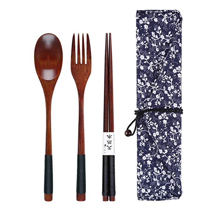 Wooden Spoon Fork Chopsticks Set,3PCS Durable Kitchen Cooking Utensil Tool Dinnerware With Cloth Bag (Khaki)