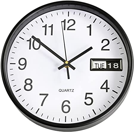 HOME-X Round Wall Clock with Day and Date, Classic Analog Wall Clock, Perfect Office, Kitchen, or Classroom Clock, Battery Clock, 10" D x 2 ¼” H, Black
