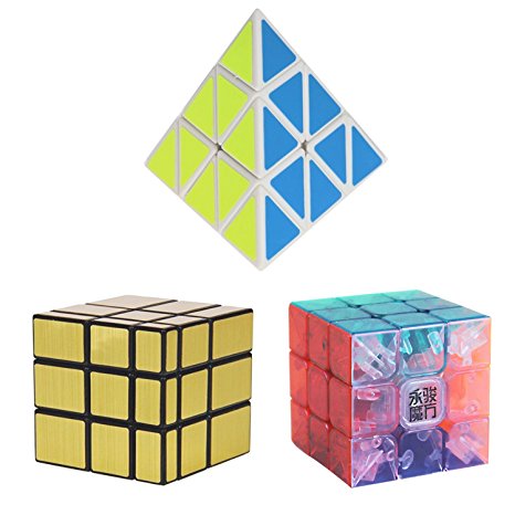 3-Pack Popular Speed Cube Puzzle - Including Pyraminx Speedcubing White Puzzle, Yulong 3x3x3 Stickerless Transparent Color Speed Cube and Gold Black Mirror Speed Cube