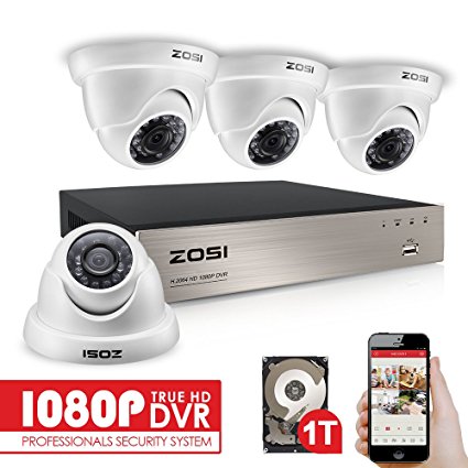 ZOSI 4CH FULL TRUE 1080P HD-TVI DVR Recorder HDMI With 4X 1980TVL Indoor outdoor Surveillance Security Dome Camera System 1TB hard Disk -65feet Night Vision -IR Cut built in -Quick Remote Access