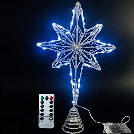 NIGHT-GRING Christmas Tree Topper, Lighted Star Tree Toppers with LED Lights, Battery Operated Star Tree Topper for Holiday Party Christmas Tree Decorations (Silver)