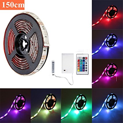 LED Strip Lights,SOLMORE TV Backlight Bias Lighting 150CM RGB 5050 Multicolor 5 Brightness Levels and 4 Lighting Modes IP65 Waterproof with Remote Control for Kitchen HDTV PC Use Battery Powered