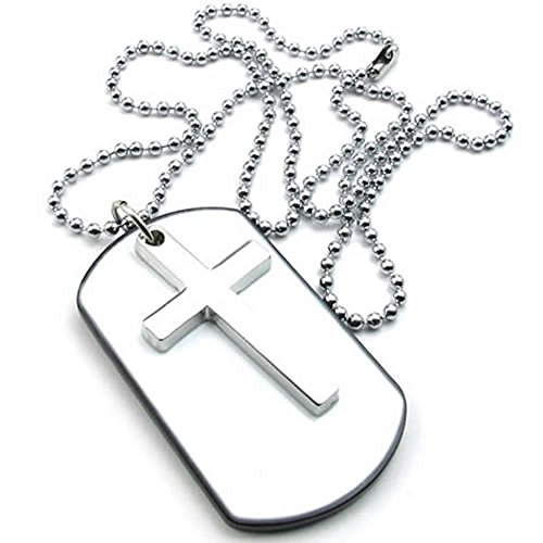 KONOV Mens Womens Army Style Cross Dog Tag Pendant Necklace, 27 inch Chain, White Silver