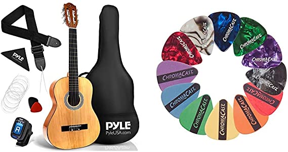 Pyle 36” Classical Acoustic Guitar-3/4 Junior Size 6 Linden Wood Guitar w/Gig Bag, Tuner, Nylon Strings & ChromaCast CC-SAMPLE Sampler Guitar Picks (12 count)