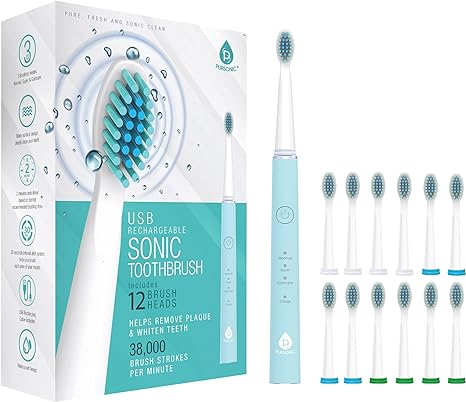 Pursonic Whitening USB Rechargeable Sonic Toothbrush-12 Brush Heads!- 38,000 Brush Strokes Per Minute-3 Brushing Modes with 2 Minute Auto Timer (Green)