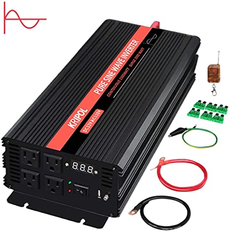 KRIPOL Pure Sine Wave Power Inverter 1500 Watt -12V DC to 110V AC Car Power Inverter with 4 AC Outlets & One 2.1AH USB Output-Wireless Remote and LED Display-Peak Power 3000W