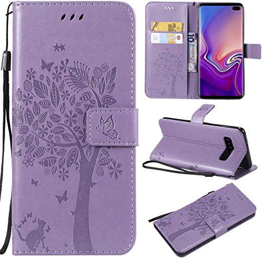 Galaxy S10 Plus Case,Samsung S10 Plus Case,Wallet Case,PU Leather Case Floral Tree Cat Embossed Purse with Kickstand Flip Cover Card Holders Hand Strap for Samsung Galaxy S10 Plus Light Purple