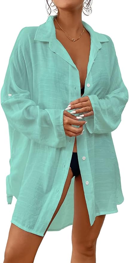 Bsubseach Women 2024 Swimsuit Cover Up Button Down Beach Shirt Blouse Tops