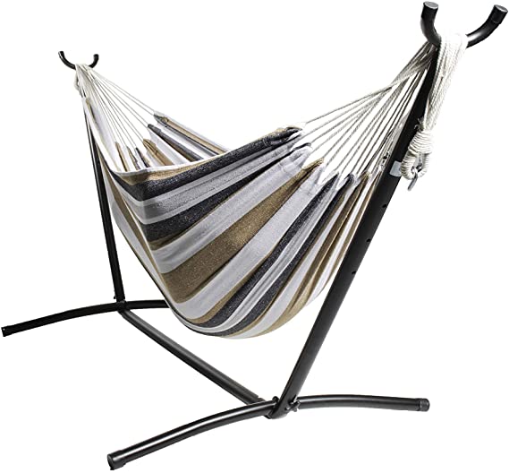 Backyard Expressions - 914921 - Portable Double 2 Person Outdoor Hammock with Stand - Brown and Gray - 9 x 3 Foot Hammock