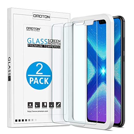 OMOTON [2 Pack Compatible for Huawei Honor 8X Screen Protector with [Easy Install Tool] [9H Hardness][Anti-Scratching][Anti-Oil][Anti-Bubbles][2.5D Round Edge]