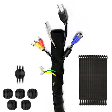 [2 Pack] ELECLOVER 40 Inches Cable / Cord Management Sleeves kit for TV / Computer / Home Entertainment with 15 Pack Self-gripping Cable Ties and 6 Pack Cable Clips as Bonuses
