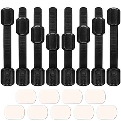 8 Pack Black Child Safety Cabinet Locks - Viaky Adjustable Straps Baby Proof Latches for Drawers, Oven, Refrigerator, Toilet Seat, Closet and Cupboard, Free 9 Extra Strong Adhesive Pads