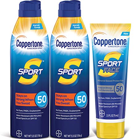 Coppertone SPORT SPF 50 Sunscreen Spray   SPORT Face SPF 50 Mineral Based Sunscreen Lotion Multipack (Two 5.5 Ounce Sprays   One 2.5 FL Ounce Lotion)