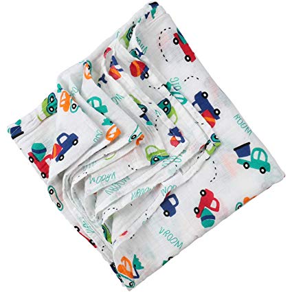 Boy and Girl 100% Cotton Swaddle Blanket, Cute Baby Bamboo Muslin Blankets for Large Size 47 x 47 inches (Toy Car)