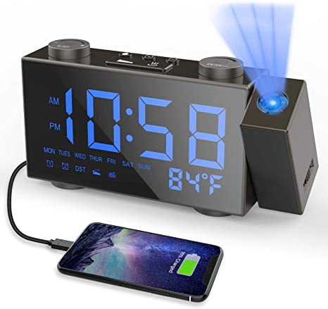 Projection Alarm Clock Moskee Digital Dual Alarm Clocks for Bedroom with FM Radio, Snooze,LED Display Classic Style, Black