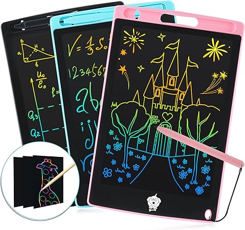 ROLWAY 3 Pack LCD Writing Tablet, 8.5 Inch Colorful Doodle Board, Kids Travel Games Learning Toys Birthday Gifts for 3 4 5 6 Year Old Boys and Girls Toddlers, Drawing Tablet for Kids, Pink Blue Black