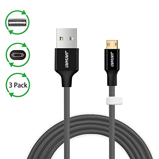 Reversible Micro USB Cable,JianHan [3-Pack] Durable Braided Micro USB Charger Cable Double-sided Plug for Samsung Galaxy S6,S6 Edge, Note 5 LG G4 and More Android Phone,Black