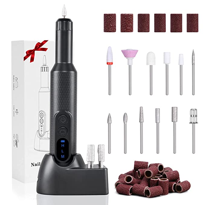 URAQT Electric Nail Files, Cordless Electric Nail Drill with 12 Nail Drill Bits, Adjustable Speed Electric Manicure and Pedicure Set for Home and Salon Use, Portable E File Kit with Rechargeable Base